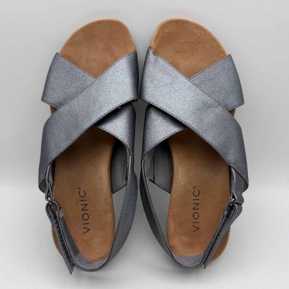 Vionic Mckenna Wedge Sandals Womens 8 Wide Pewter Metallic Crisscross Slingback - Picture 5 of 8
